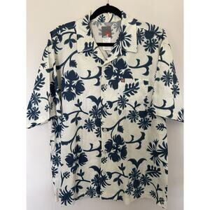 Quiksilver Men's Hawaiian Floral Cotton Button-Up Shirt Blue White Medium